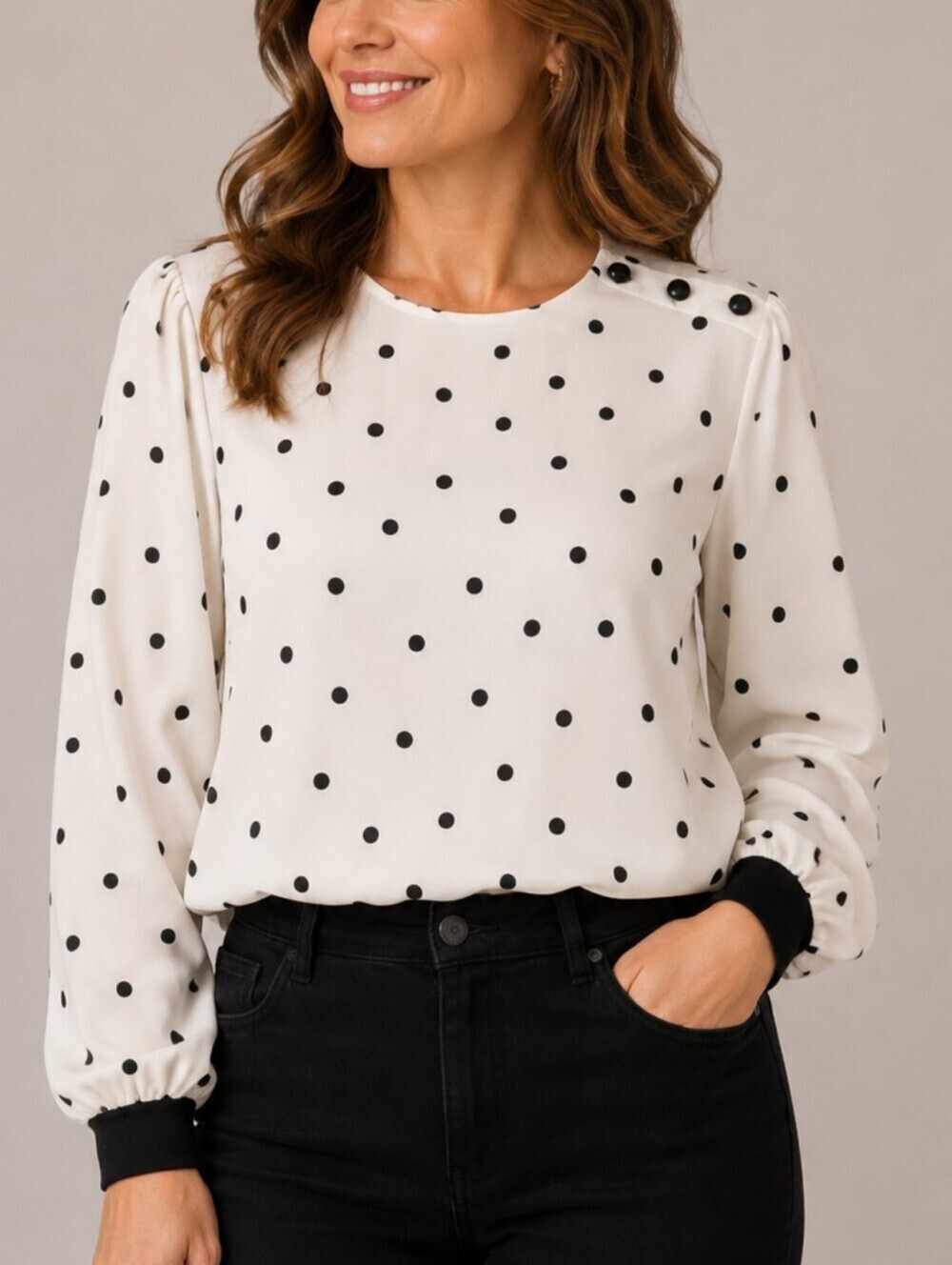 VTG SHAPELY 1980s Monochrome Polka Dot Blouson Oversized Blouse